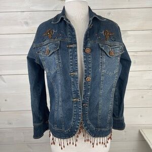 Diane Gilman Womens Blue Denim Jacket Beaded Fringe Rhinestone Buttons